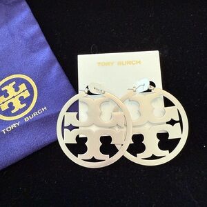 Tory Burch Silver Logo Hoop Earrings